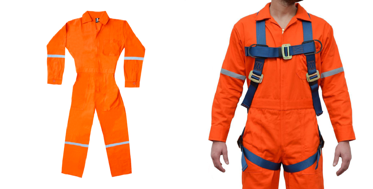 La ropa de trabajo no debe ofrecer peligro de engancharse o de ser atrapado por las piezas de las máquinas en movimiento. Debe ser de tela de algodón y ser de un color de alta visibilidad y contener reflejante en brazos y piernas.